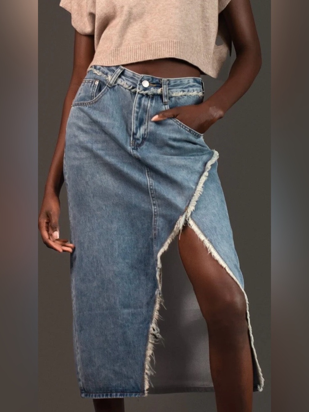 Kate Hewko Front Slit Denim Midi Skirt Distressed Raw Edge Blue Size L